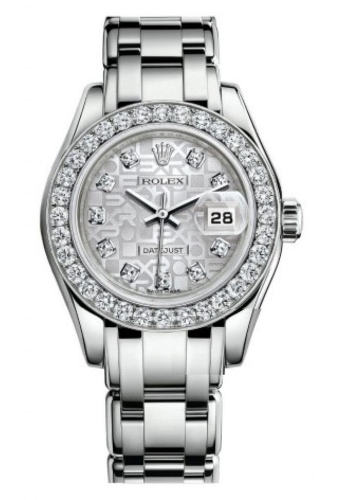 The silvery dial fake watch is decorated with diamonds.