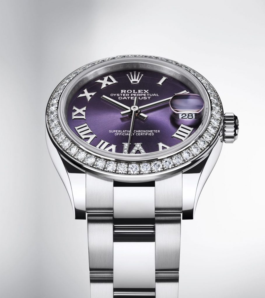 The purple dial fake watch has Roman numerals.