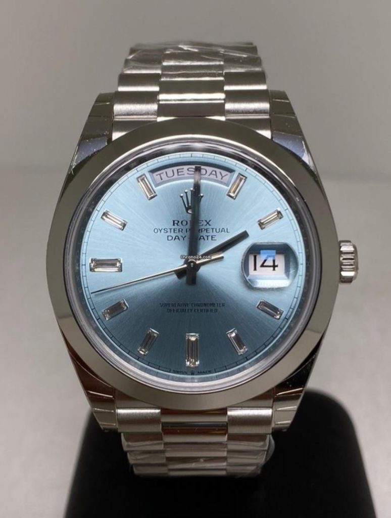 The 40mm replica watch has an ice blue dial.
